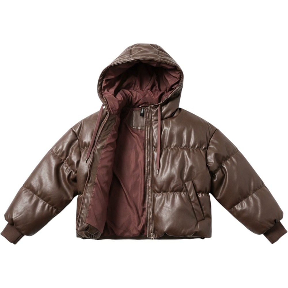 H&M Divided Faux Leather Puffer Jacket Brown Hooded Cropped Coat XS 09939584